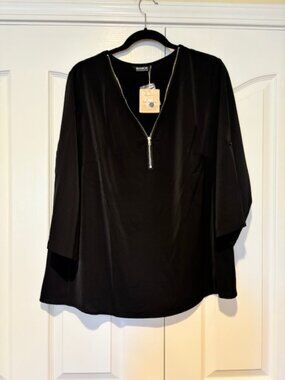 BloomChic Plain V Neck Half Zip Tab Sleeve Blouse 14-16/1X